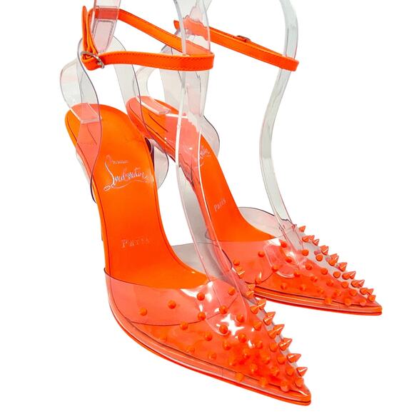 🔥 NWT Christian Louboutin Spikoo 100 Neon Fluo Orange PVC Spiked Heels 38.5 - Picture 4 of 13